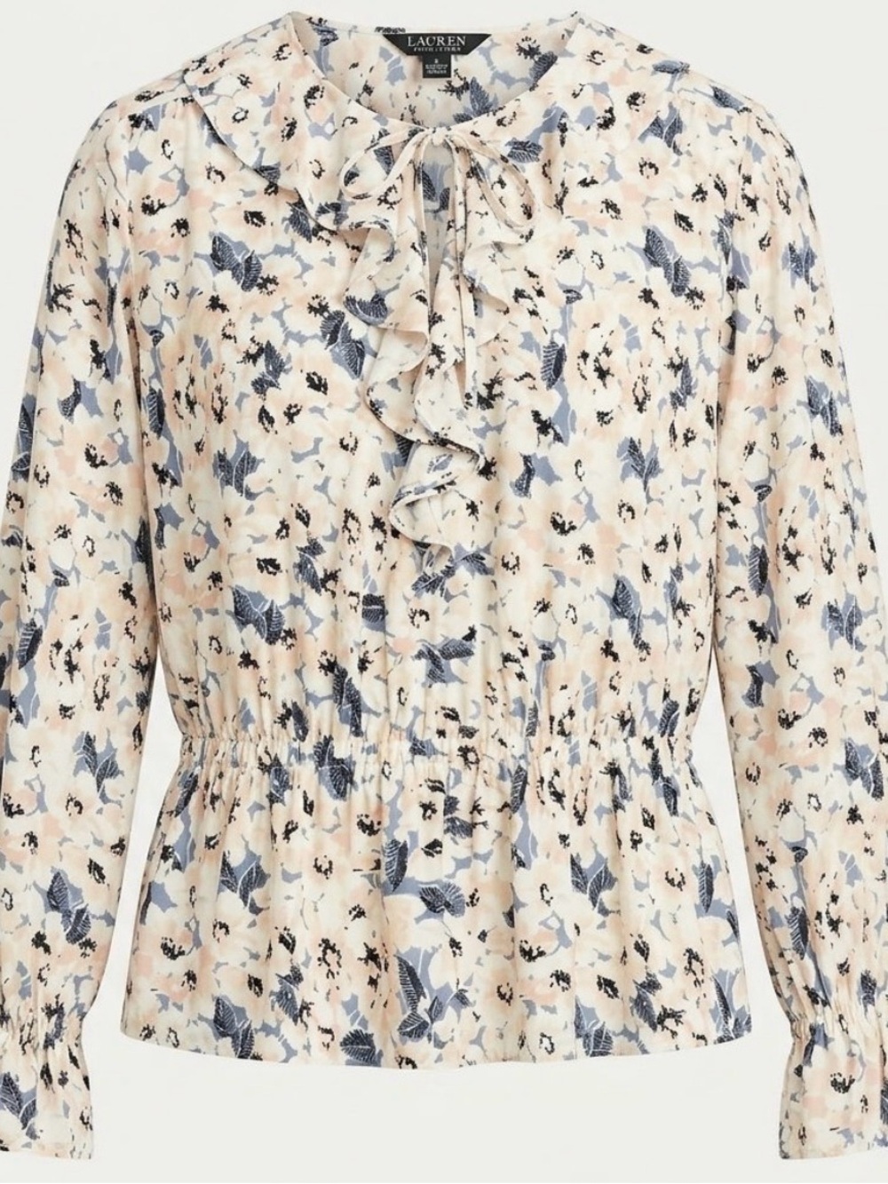 Lauren Ralph Lauren Floral Peplum Ruffle Tie Neck Blouse Smocked Waist Top, Larg